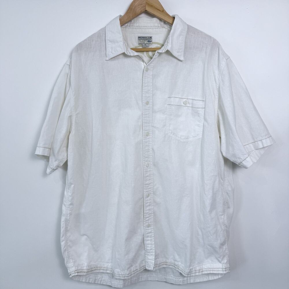 Honolua Linen Blend Shirt Mens Size XL White‎ Contrast Stitching Beachy Casual